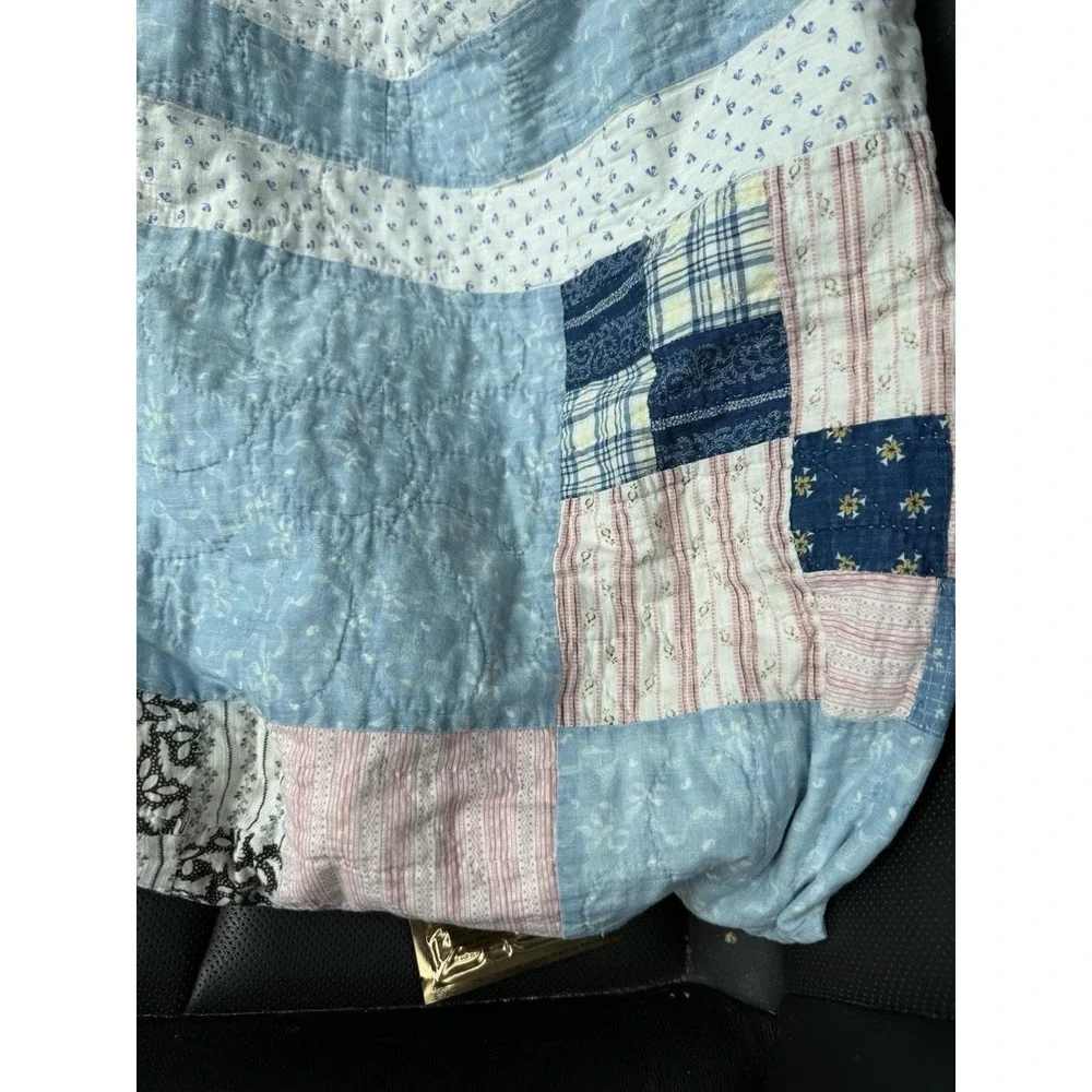 Vintage Hand Quilted Patchwork Quilt Full Blue Pink Cottage Farmhouse Cotton